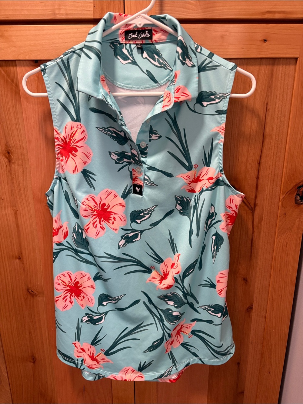 Bad Birdie Coral Floral Sleeveless Polo Tank on Aqua Base